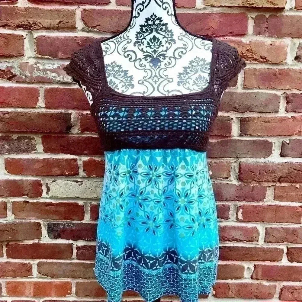 ENERGIE Crochet Rayon Babydoll Boho Hippie Cap Sleeve Flower Fit Flare Top SizeM - Picture 2 of 9